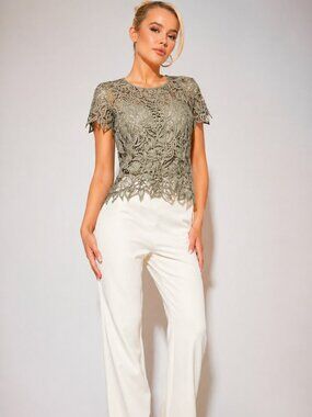 100% Silk Hand Crocheted Beaded Olive Party Short Sleeved Holiday Party Top Med